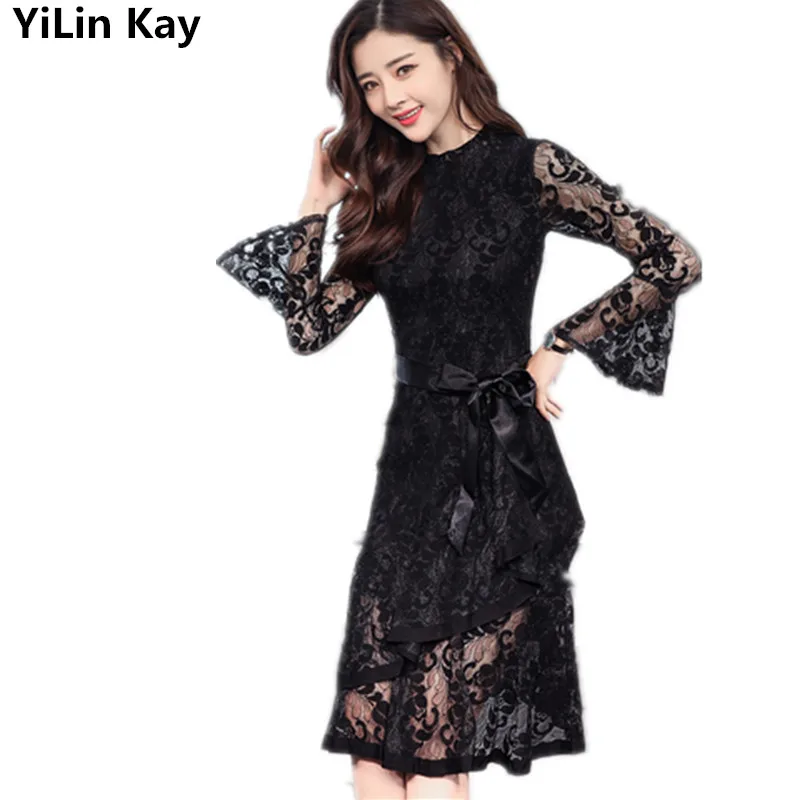 YiLin Kay черные кружевные вышитые весенние женские вечерние платья 2019 модное