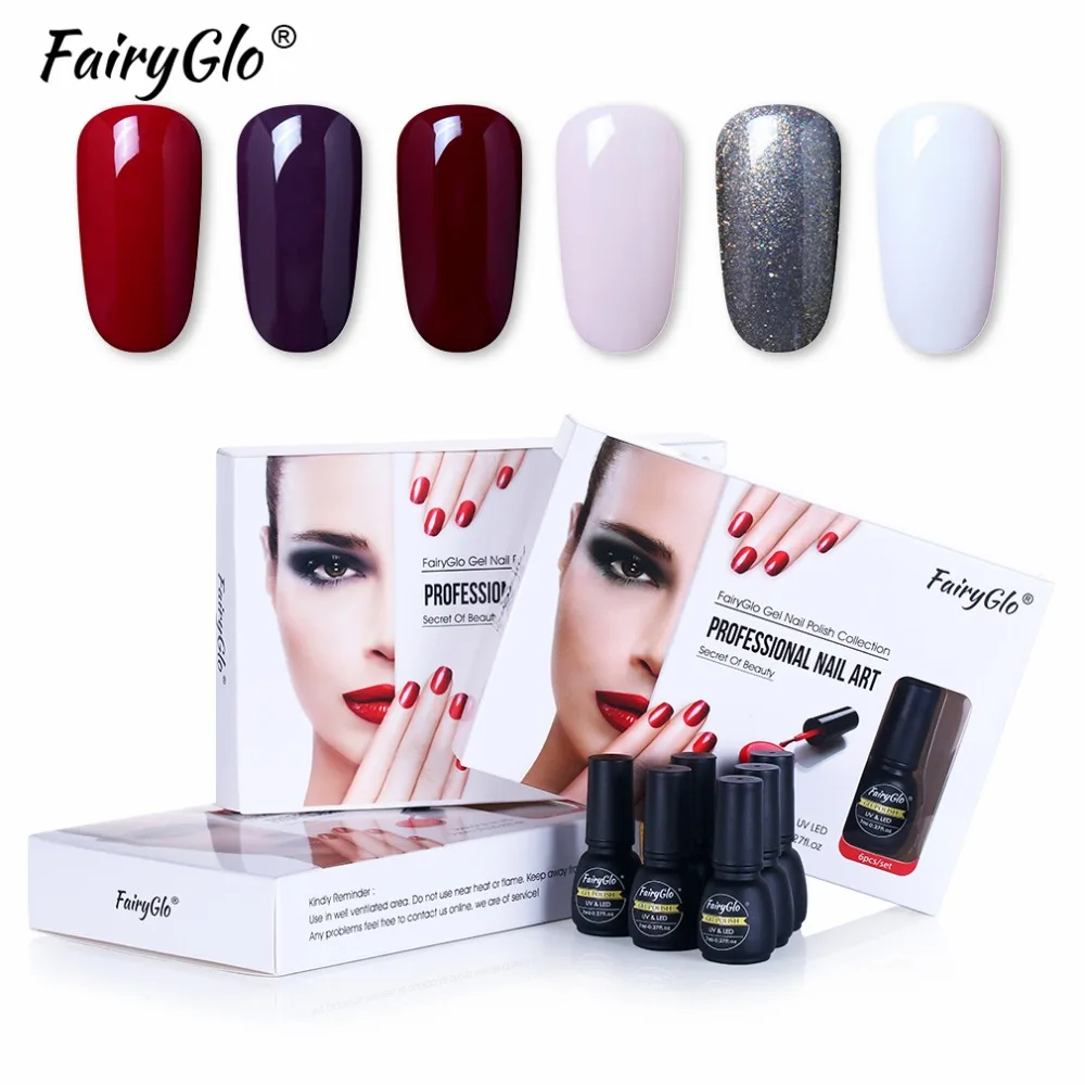 FairyGlo 6 шт./кор. набор гелевых ногтей УФ Однотонная Одежда Комплект гель-лаков для ногтей гибрид гель Лаки Краски покрытие для ногтей, полустойкое к Lucky лак для горячего тиснения клей