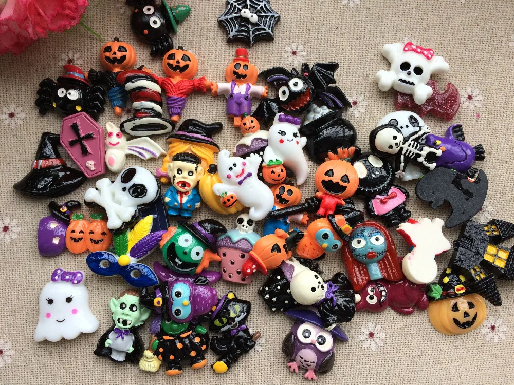 Плоские с одной стороны смолы мультфильм каваи Хэллоуин украшения смолы аксессуары DIY микс 50 шт