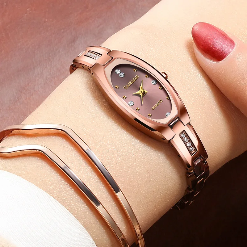 Korean tungsten steel small Bracelet Watch elliptical quartz electronic waterproof  Zircon Lady Thin Watch