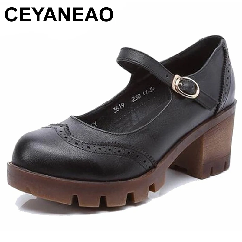 

CEYANEAO2019 Shoes Woman 100% Genuine Leather Women Pumps Lady Leather Round Toe Platform Shallow Mouth Shoes Size 34-40E1945