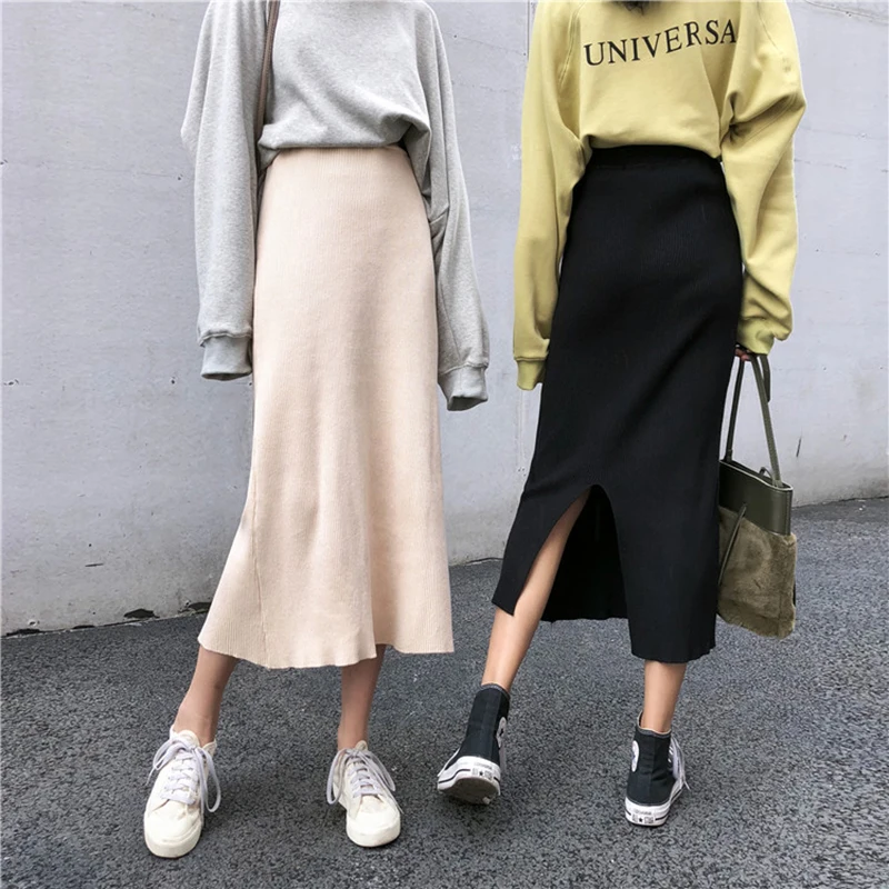 Harajuku уличная трикотажная юбка осень зима Корейская мода универсальная Сплит миди Faldas Mujer однотонные черные юбки женские