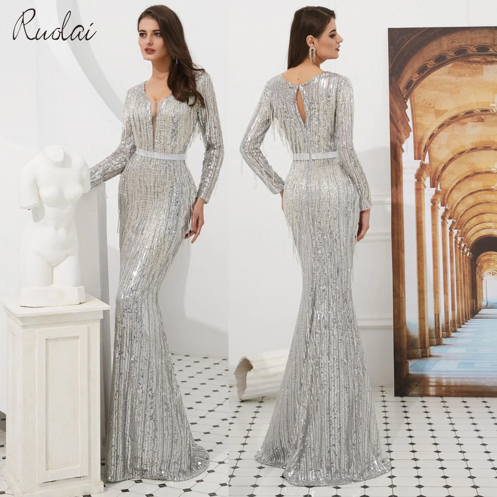 

Luxury Mermaid Evening Dresses Long 2019 Sequined with Tassel Evening Gown for Women Evening Dress robe de soiree