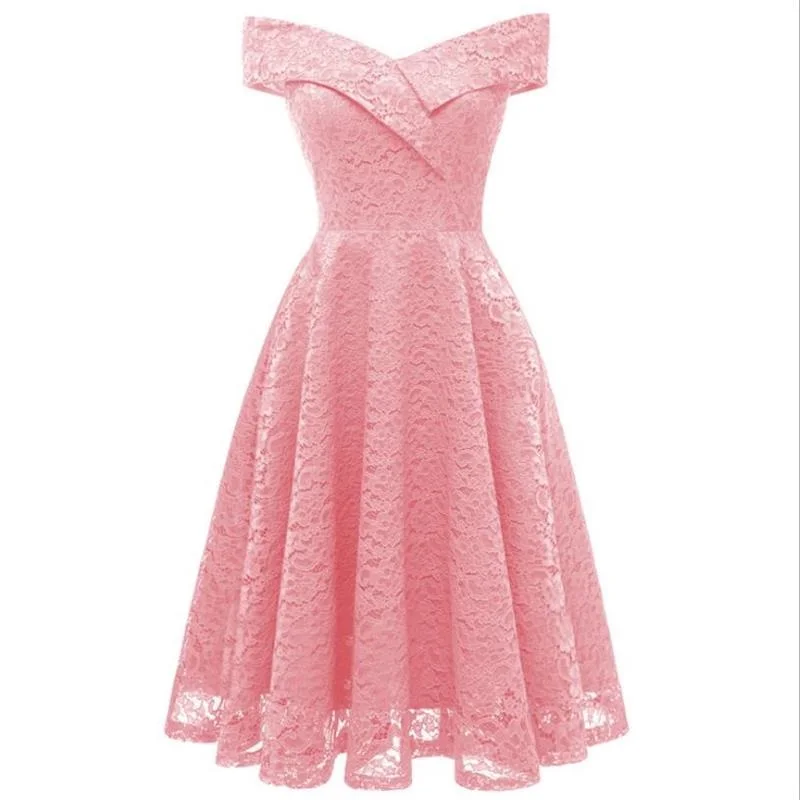 

Vintage Floral Lace Dress Women Sleeveless One Word-Neck Elegant Party Sexy Dresses Retro Summer Robe Big Swing Dress