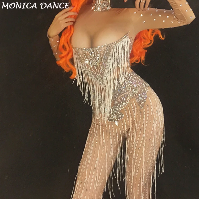 

Sexy Tassels Crystals Jumpsuit Female Singer Dancer Sexy Leggings Costume Big Stretch Bodysuit Nightclub Oufit Party Wear Outfit