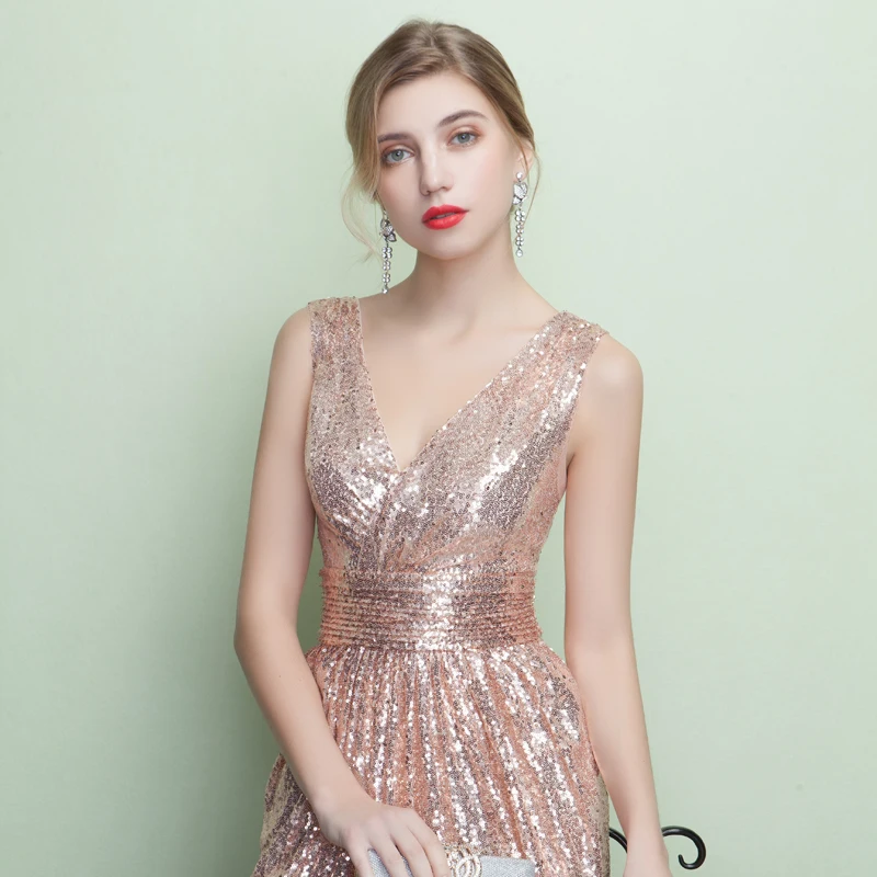 Длинные свадебные платья ERINBESS в пол цвета шампанского расшитые блестками