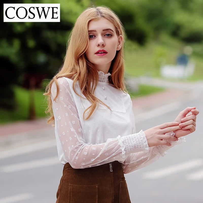 Coswe Новый зима-осень белый Кружево шифон Рубашки для мальчиков Для женщин с
