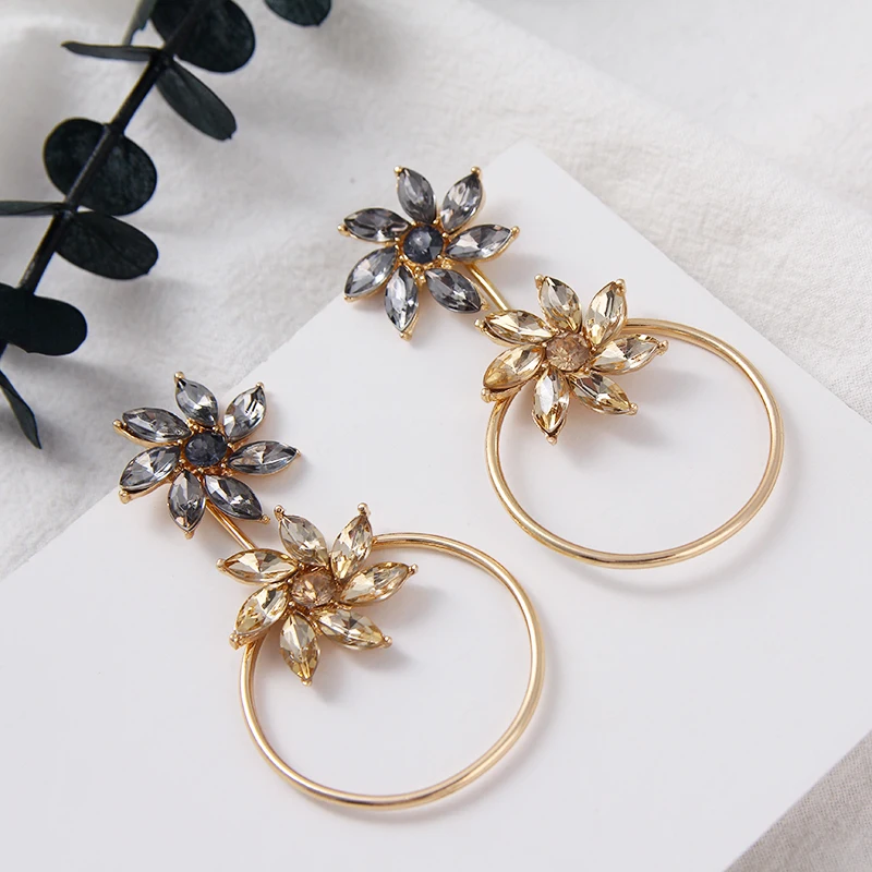 AE-CANFLY European Trendy Metal Leaf Crystal Flower Geometric Drop Earrings Female Dangle Statement for Women | Украшения и