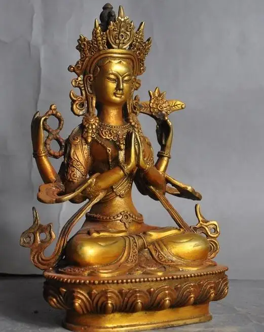 Старая фотография Золотая Защита 4 руки Chenrezig kwan-yin Тибетский буддизм бронзовый |