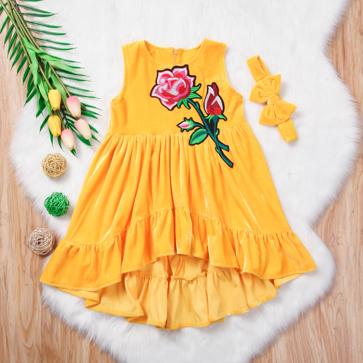 2018 new Child Baby Girl Kid Floral Ruffles Dress Velvet Ruffle Dresses front short long back Party | Детская одежда и обувь