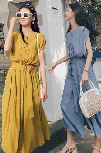 

Chiffon Female Dresses 2019 Summer Korean Fairy Batwing Sleeve Yellow Ankle-length Long Loose Dresses Beach Holiday Clothes