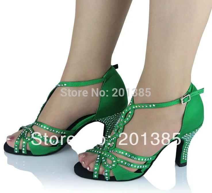 Новые женские зеленые атласные туфли Стразы с кристаллами для бальных танцев