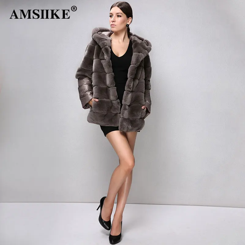 AMSIIKE Полушубок из Бобра с Капюшоном Рукав Три Четверти Больнья Отстегивается 1622