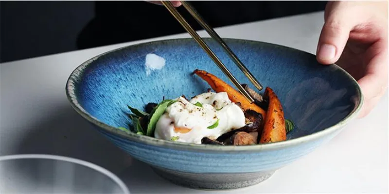 NIMITIME Japanese Ceramic Noodle Soup Bowl Ramen Salad bowl Big Shallow Kiln Dinner Bowl
