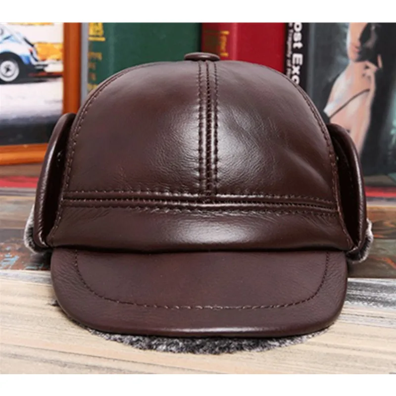 SILOQIN Genuine Leather Hat Winter Men's Warm Plus Velvet Thick Bomber Hats Cowhide Earmuffs Caps For Men New Brands Dad Cap