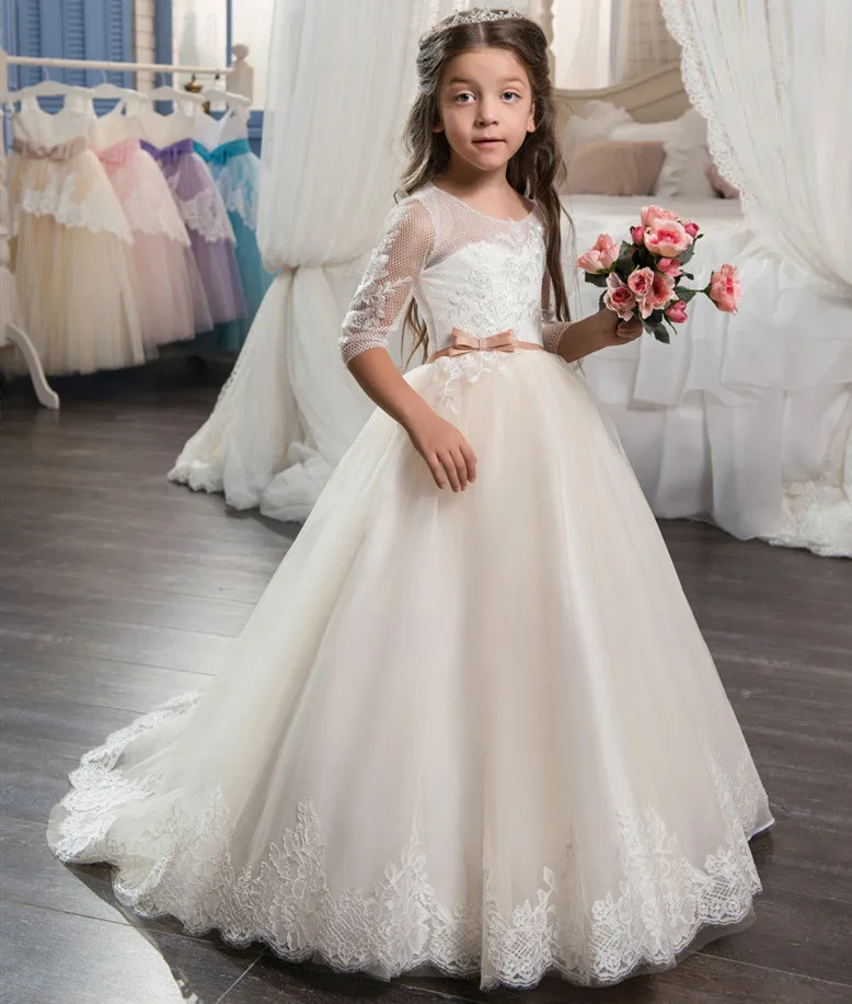 

Flower Girl Dresses Lace Up Back Bow Sashes Tulle Appliques Holy Communion Dresses Vestido Daminha Custom Made Size
