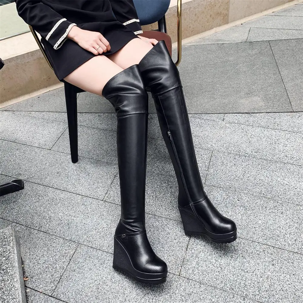 genuine cow leather fashion hot sale wedge high heels over the knee winter boots woman shoes women black shoes woman boots
