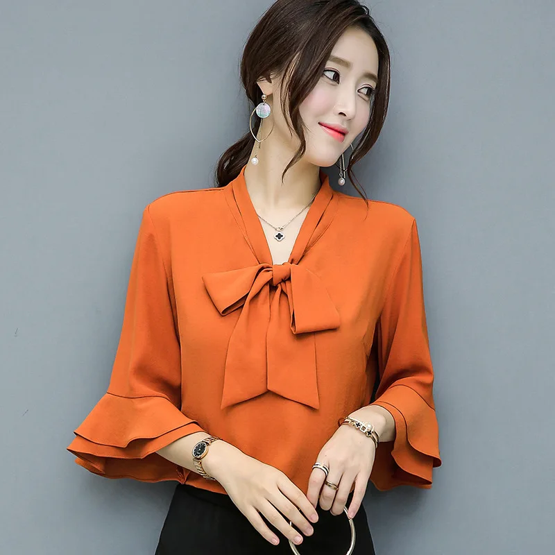 Белая розовая оранжевая Офисная Женская Деловая блузка женская на весну и осень