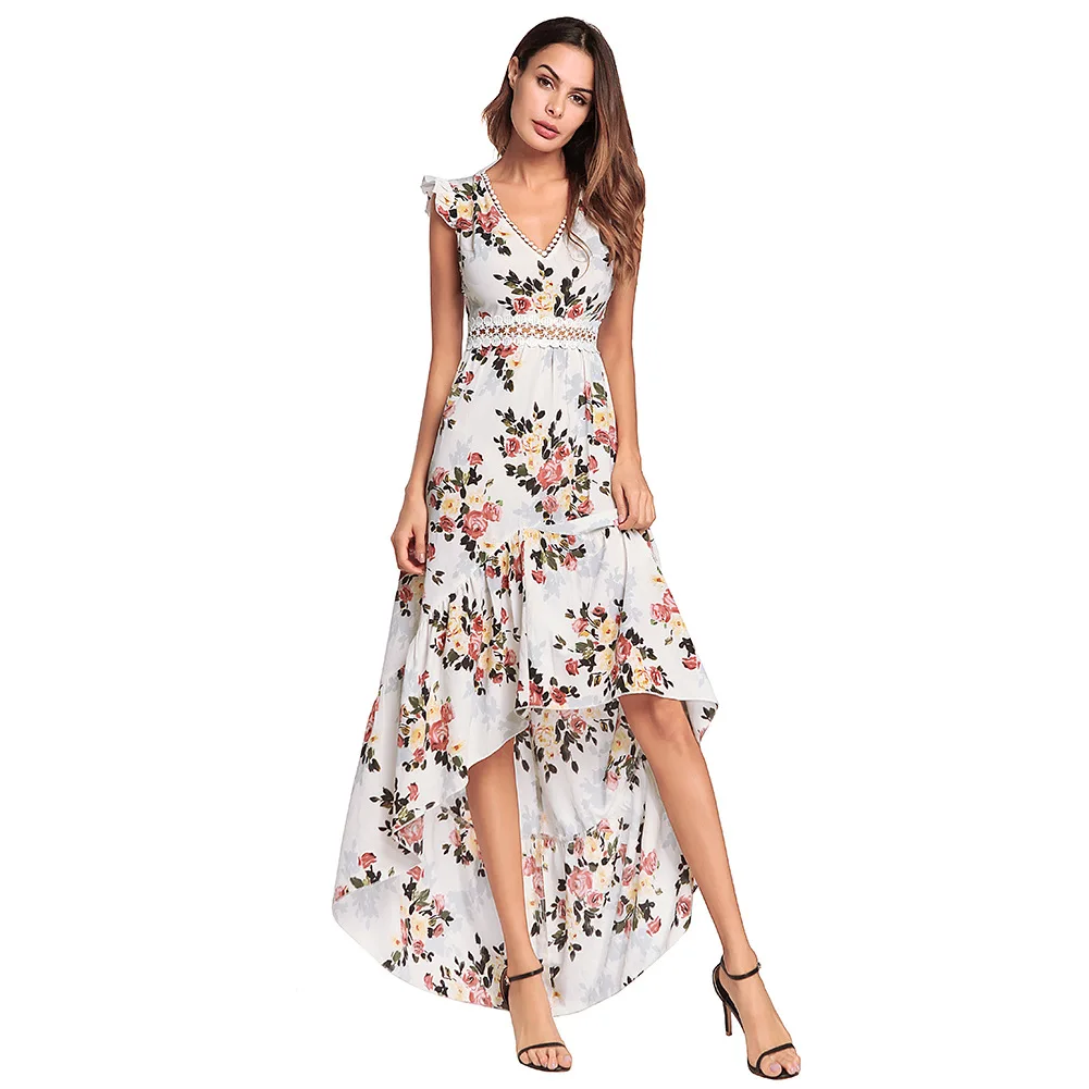 

Spring & Summer New Women's Flying Sleeve Irregular Backless Printed Dress Sweet Dress