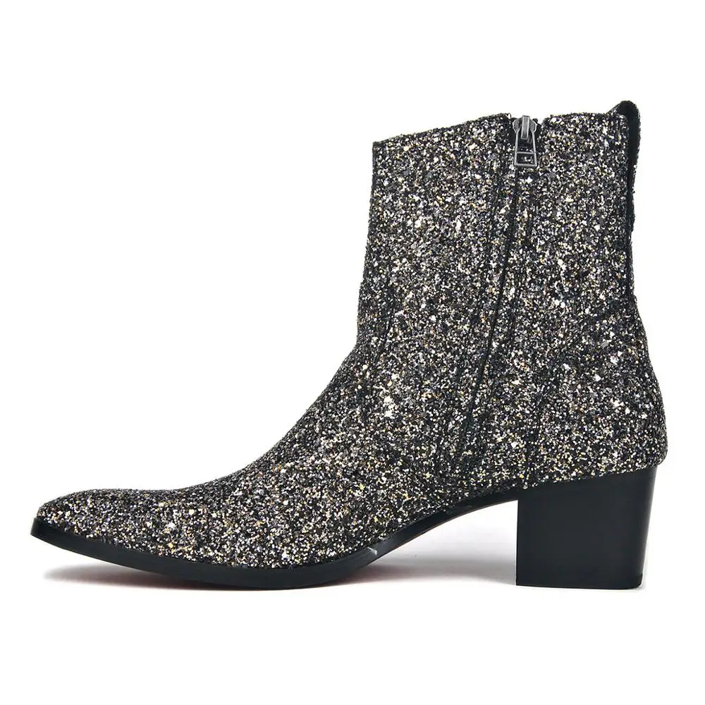 

High Top high Heel genuine leather club fashion denim sequined leather Boots bling zipper high new designer men boots