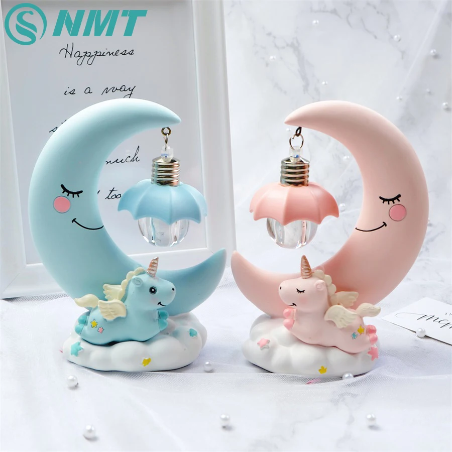 Светодиодный ночной Светильник Единорог Луны смолы мультфильм Детские ночника