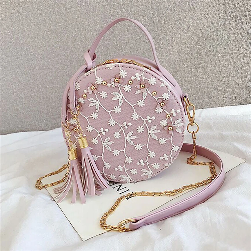 Модная сумка для женщин с вышивкой и кисточками сумки через плечо круглые тоут на