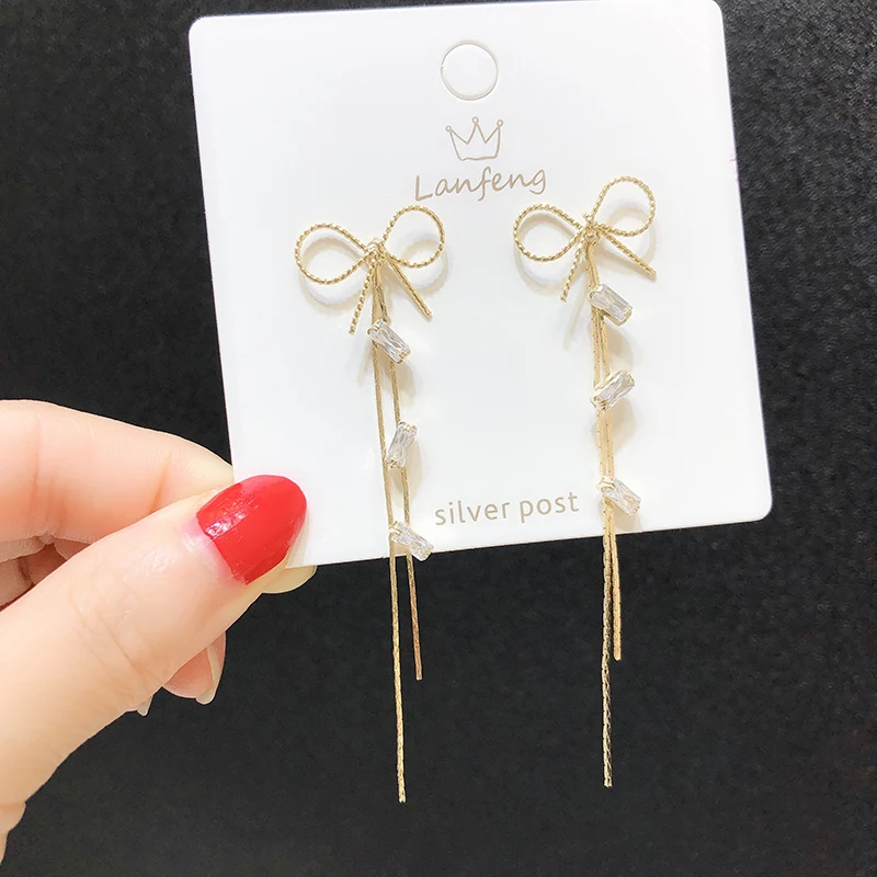 Корейские новые длинные серьги с кисточками и бантом темпераментные тонкие