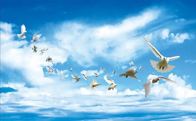 Обои 3d потолок голубое небо белые облака Летающий Голубь украшение потолка