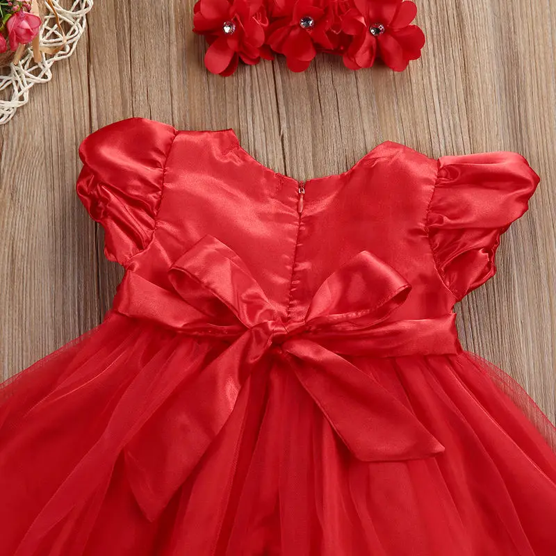 US STOCK Kids 2pcs 0-3years baby Girls Red Party Wedding Dress+Flowers headband Birthday Pageant Princess Tulle tutu Lace Dress | Детская