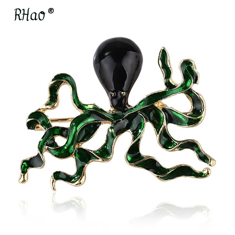 RHao Vivid Black Enamel Green Octopus animal Brooch pins Women Men Kids Squid Fish Corsage Clothes accessories scarf | Украшения и