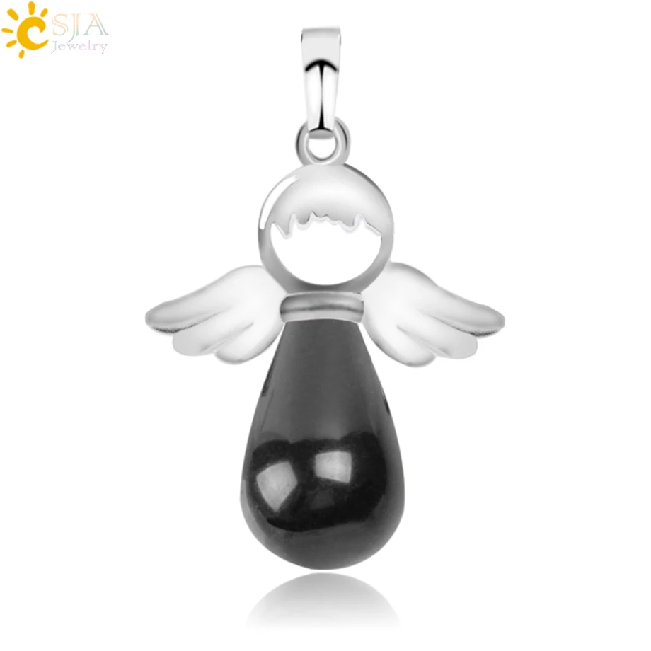 Black Onyx CSJA, натуральные камни, ангелы, крылья, подвеска для ожерелья, розовый кварц, Ониксовые подвески, серебряный цвет, капля воды, Женские Ювелирные изделия, подарок E949 - Окраска металла: Black Onyx