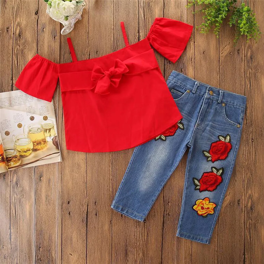 Perimedes 2019 NEW FASHION Costume For Girl Toddle Kids Baby Off-shoulder Tops+Flower Jeans Denim Pants Outfits Set | Детская одежда и