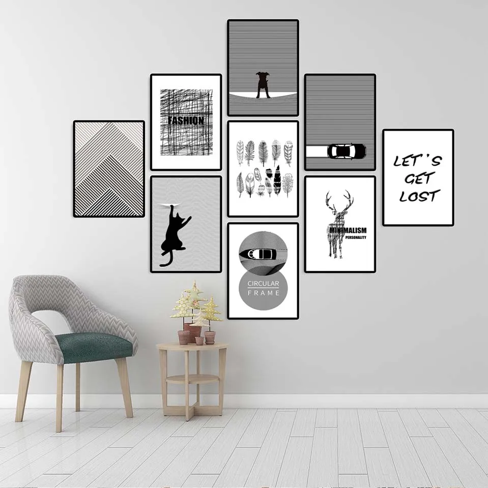 Vinsonloud Home Decoration Poster Prints Wall Art Canvas Spray Paintings Pictures Black and white line creative animals | Дом и сад