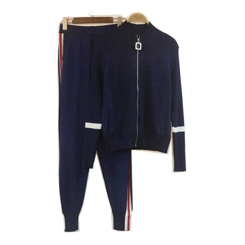 

2020 O-neck Wool Real Fashion Sale Tracksuit Women Winter Sportswear Knitting Cardigan Zipper Bright Line Pedicure 2 Piece Set