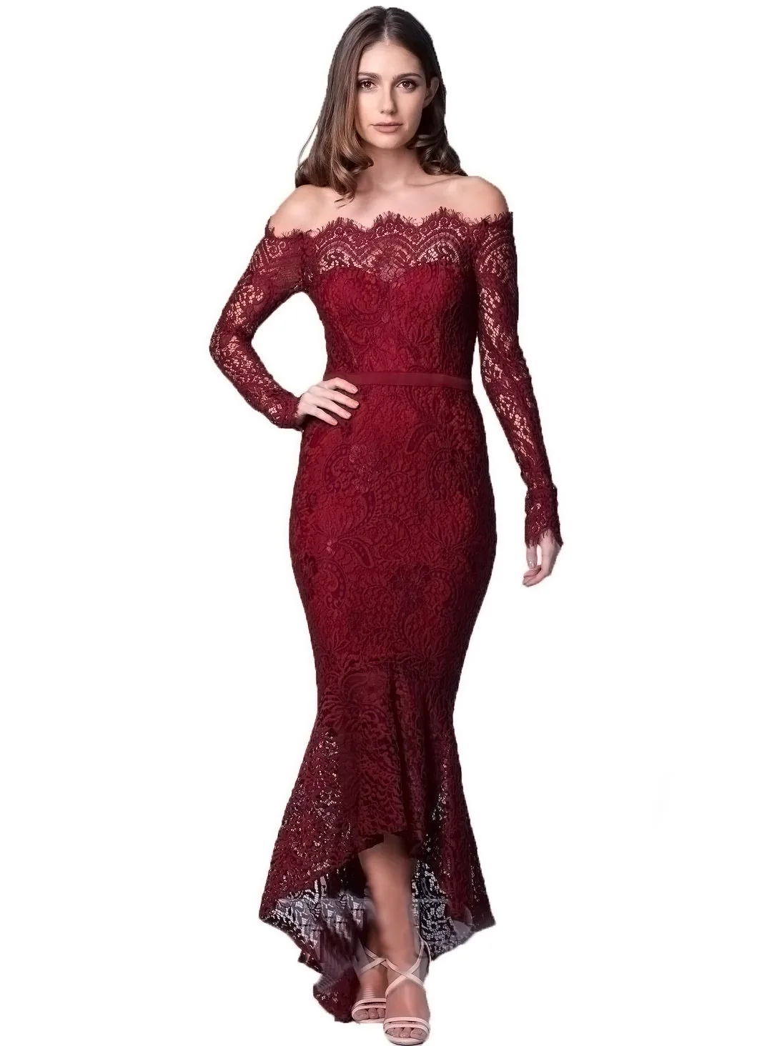 

Maternity Women Long Sleeve Shoulderless Ankle Length Photograph Dresses Asymmetrical Ruffles Lace Semi-sheer Pregnancy Dresses