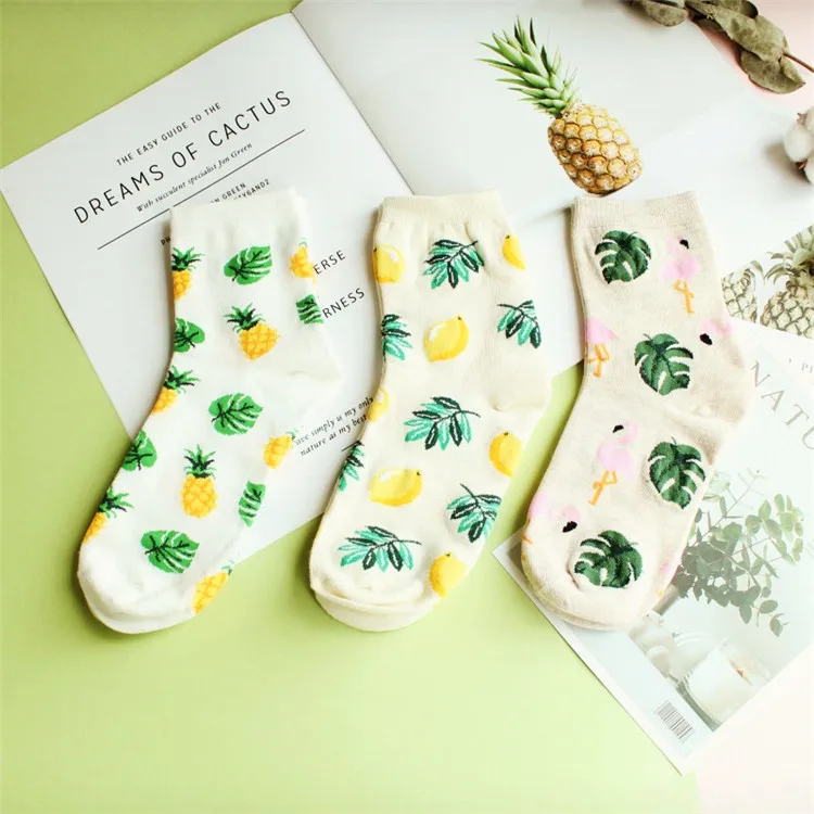 Happy Fruit носки для женщин из чёсаного хлопка высокого качества Socken Новое поступление милые носки с изображением фламинго лисы и животных