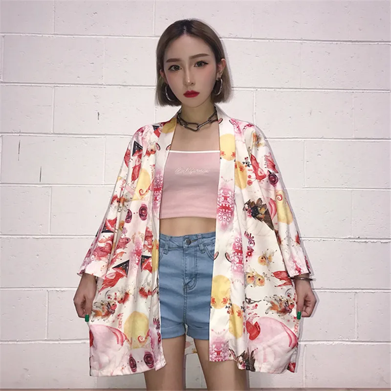 Женская рубашка японское кимоно Harajuku Ukiyo-e Printig Блузка Свободный Повседневный