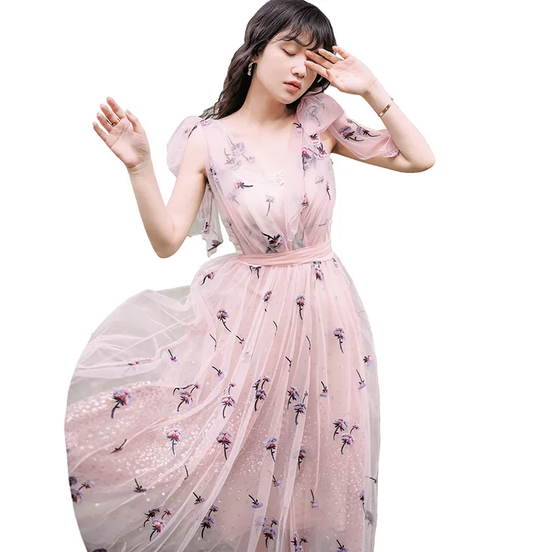 Outer Dress Ubei женское модное платье феи с вышивкой, женское летнее милое Сетчатое Марлевое темпераментное длинное платье из двух частей - Цвет: Outer Dress