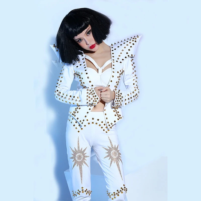 Female singer dj white punk rivet ds costume piece set stage clothes | Modern Dance
