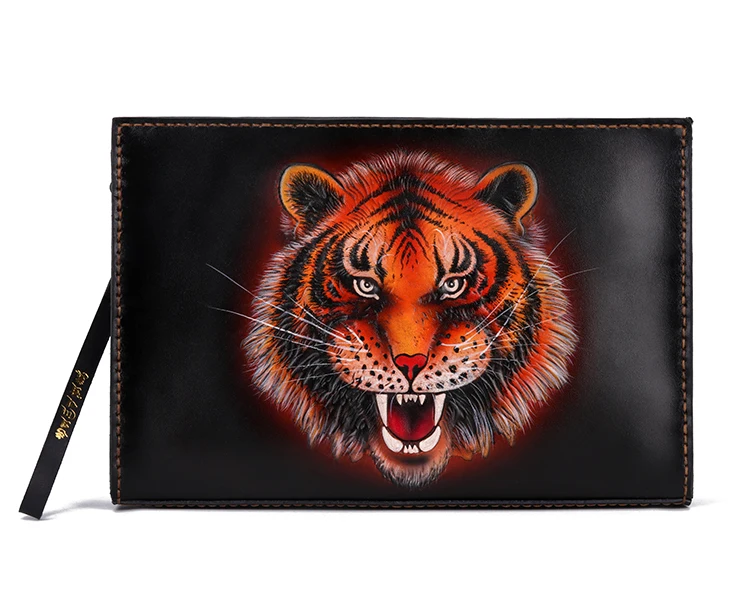 Handmade Business Men Vegetable Tanned Leather Carving Tiger Bag Money Holder Clutch Purse Phone Pocket Man Clutches Envelope |