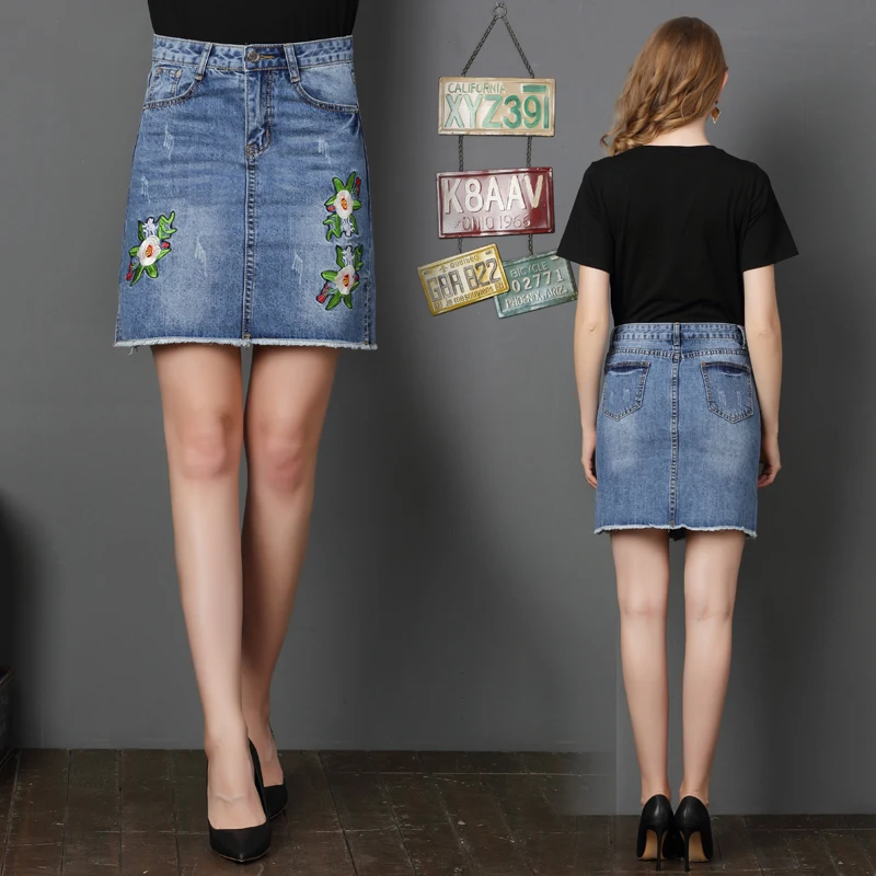 Новый Джинсовая юбка порождения Wathet край волос Повседневное цветок джинсовая