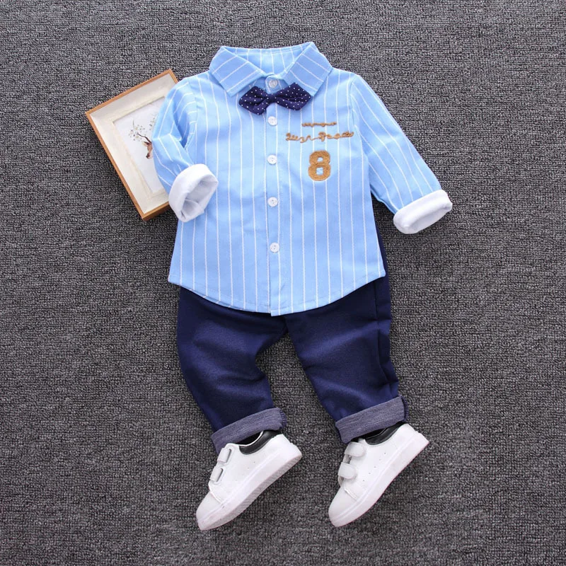 BBYZ8 Blue Демисезонный Детские хлопковые Костюмы наряды для мальчиков Рубашка с отворотом, рубашка и штаны, 2 шт./компл. детских спортивных костюмов; галстук-бабочка - Цвет: BBYZ8 Blue