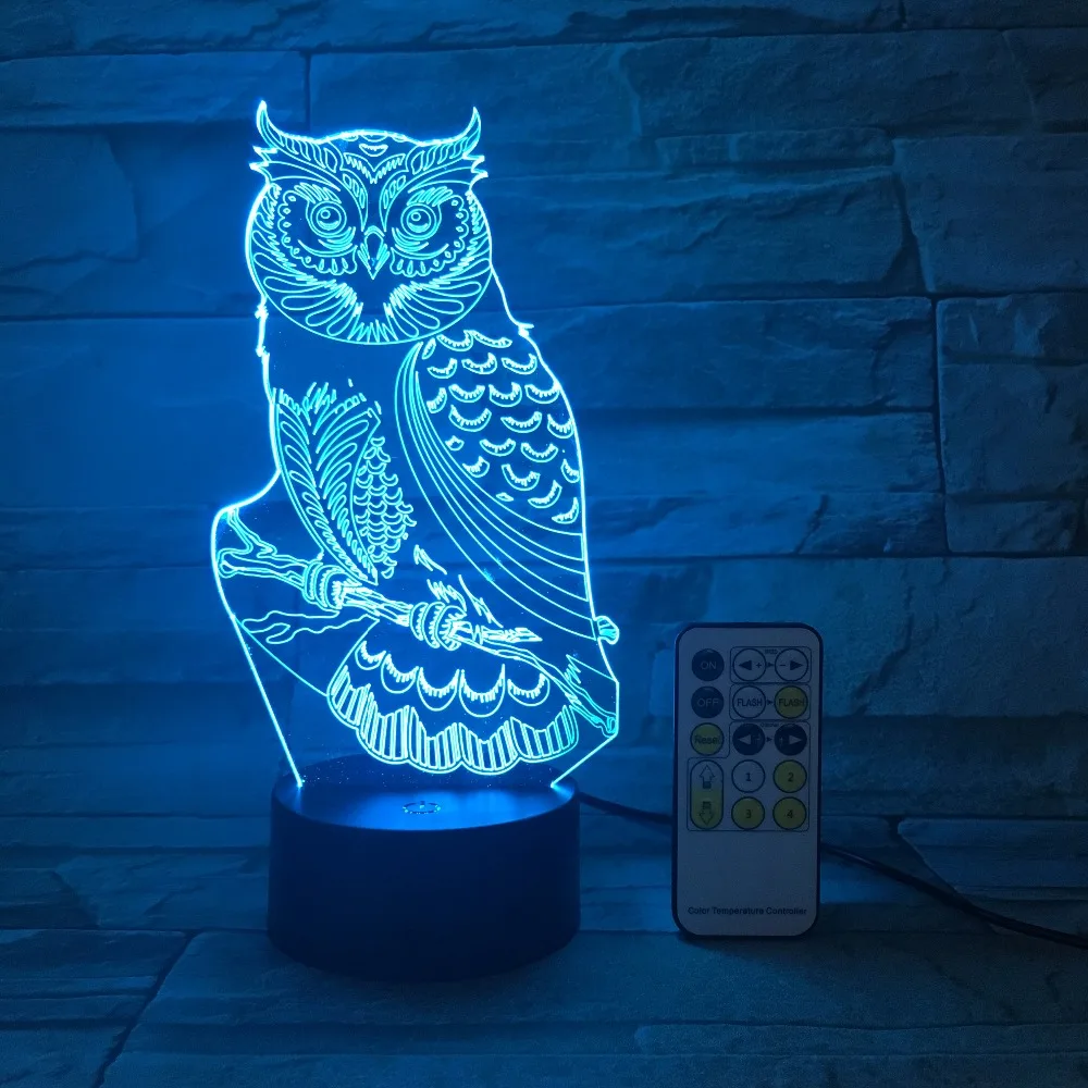 3D ночник с дистанционным или сенсорным управлением в виде совы RGB сменсветильник