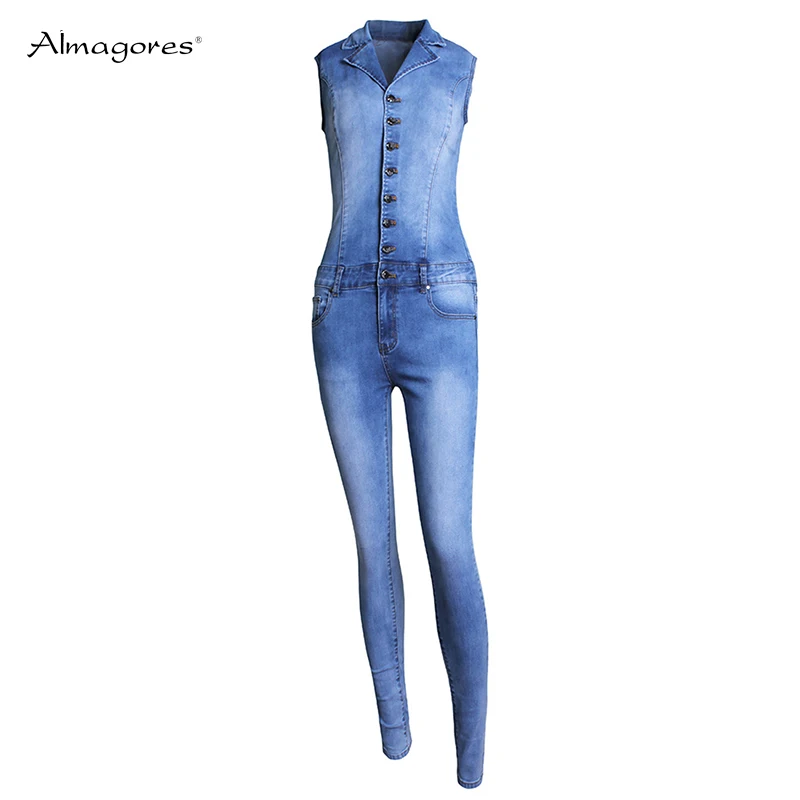 2018 Autumn New Arrival Sleeveless Jumpsuit Sexy Bodysuit Women Denim Playsuit V neck Rompers Girls Pants Pockets Jeans Ladies | Женская
