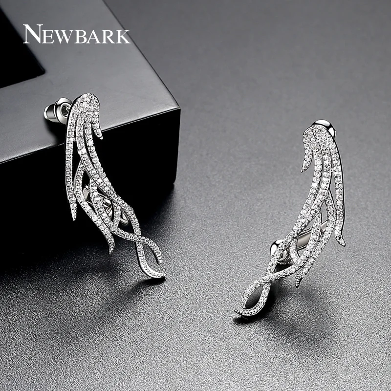 NEWBARK Мода серьги Медь AAA кубический циркон симметричные крылья клип Серебряные
