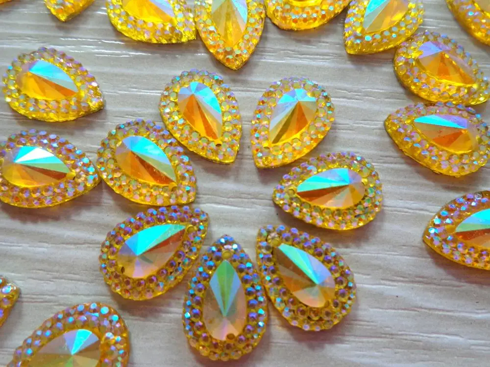 Золотисто-желтые кристаллы AB цвета в форме капли воды пришивные стразы 10*14 мм
