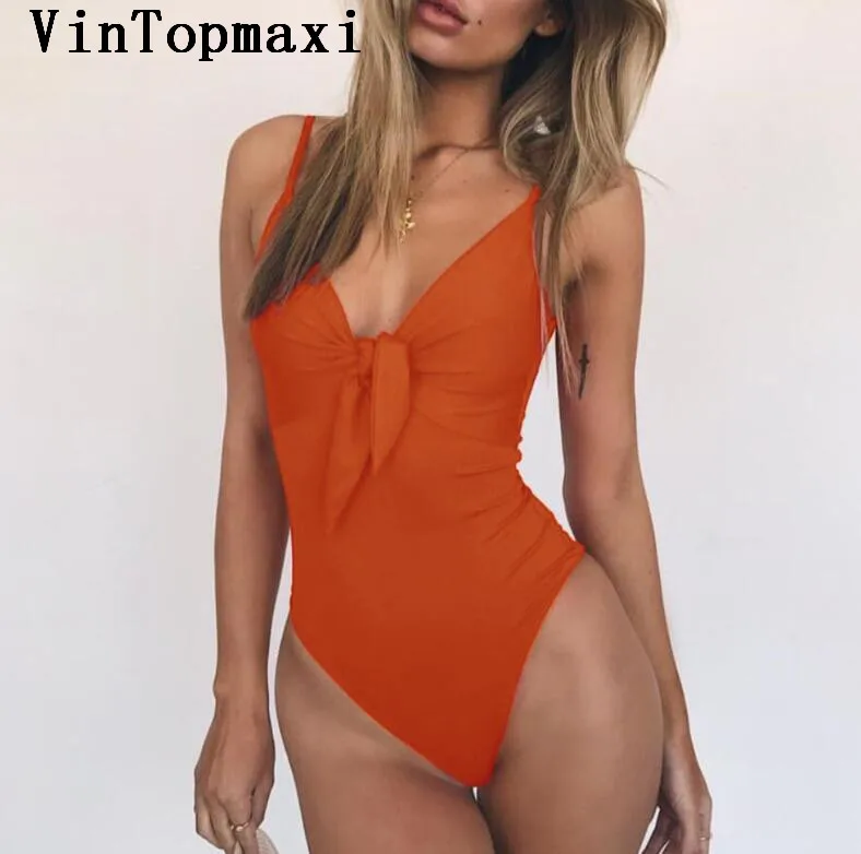 2018 Новый Однотонный женский слитный купальник с узлом на груди и бантом