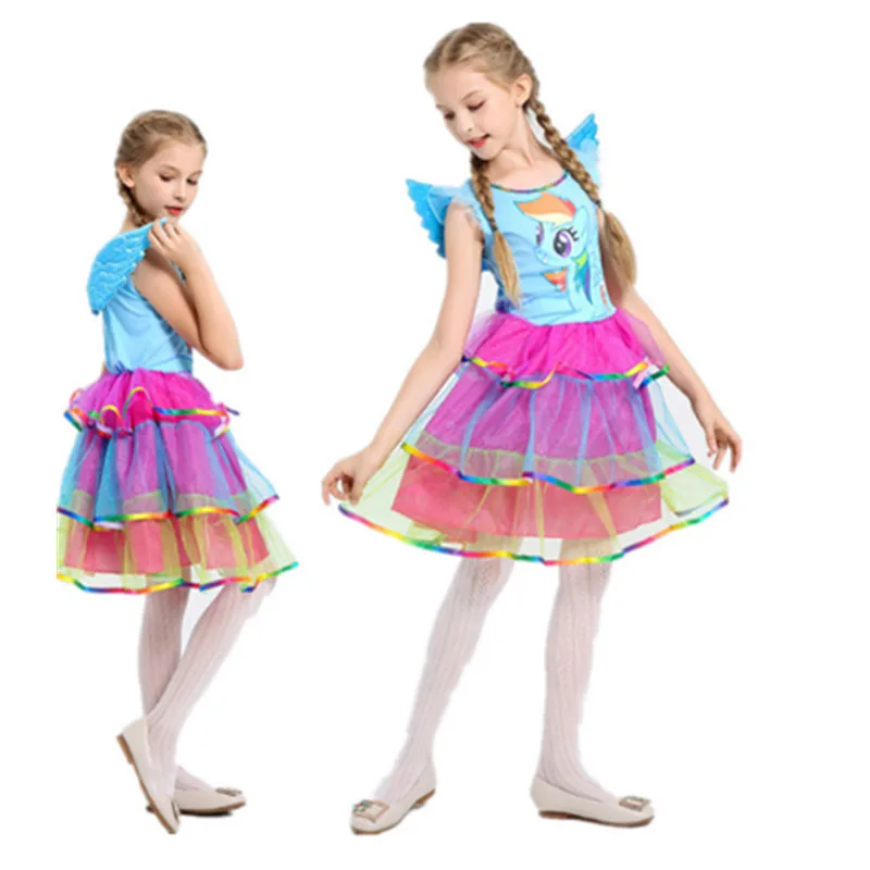 Girl Rainbow Princess Dress My Little Pony Party Cosplay Costume + Pony's Wig +Wing Clothes Set | Детская одежда и обувь