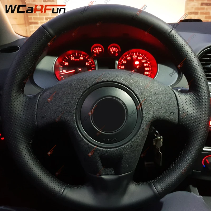 WCaRFun сшитый вручную черный искусственный кожаный чехол рулевого колеса автомобиля для сиденья Ibiza 2004 2006