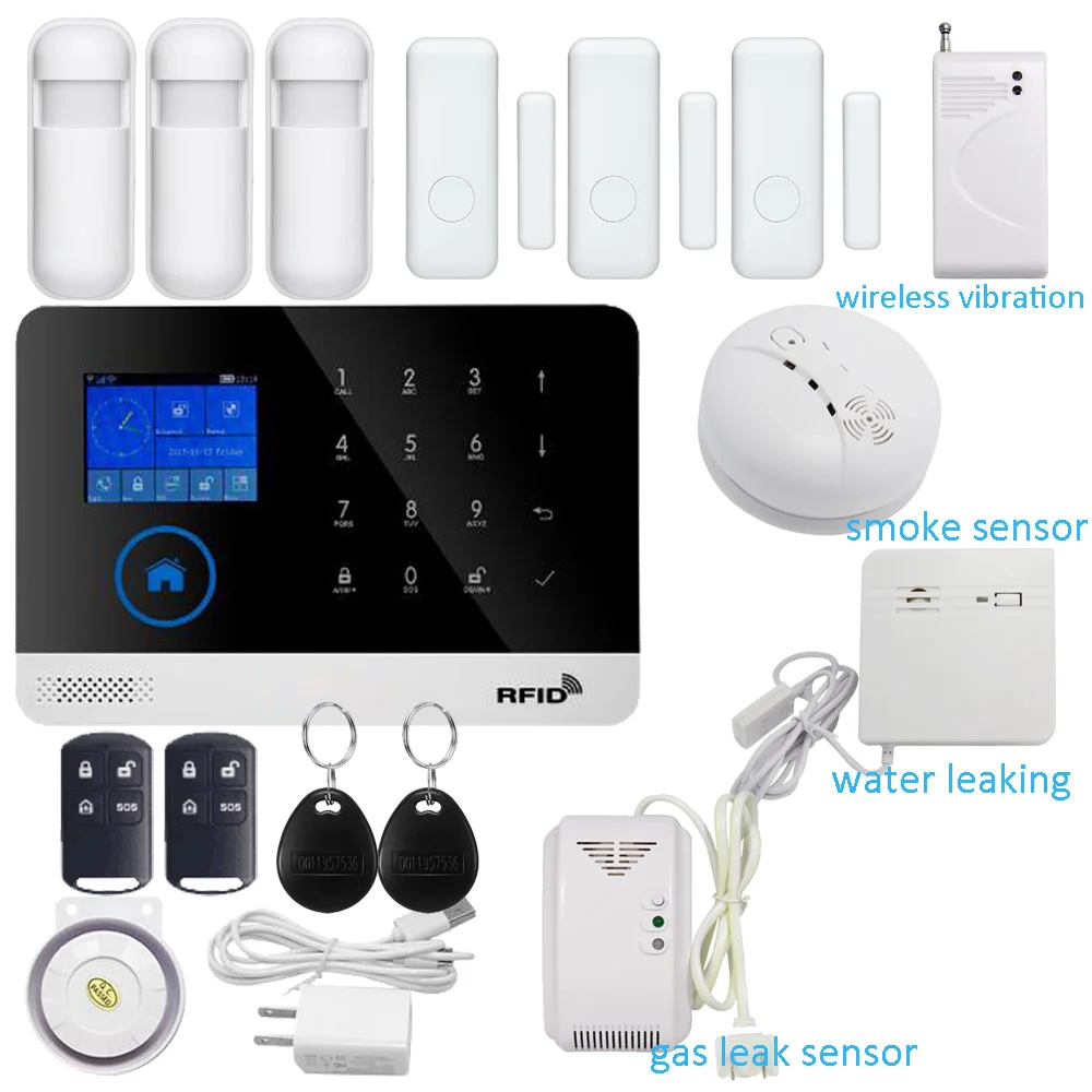 J KIT Домашняя безопасность Wi-Fi GSM SMS сигнализация IP камера RFID и мобильный телефон контроль Беспроводная дверь открытая сигнализация детектор дыма - Цвет: J KIT